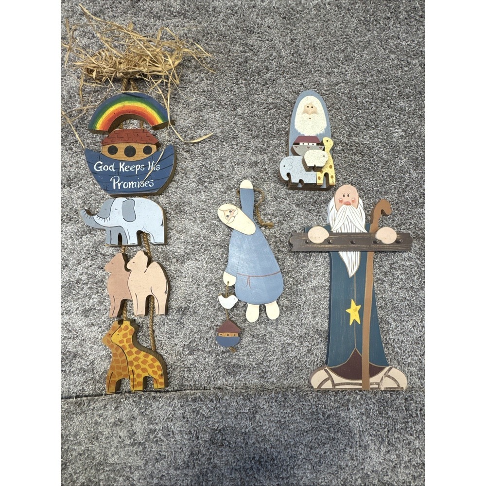 Noah's Ark Hand Painted Wood‎ Hanging Decor Vtg Lot Of 4 See Description